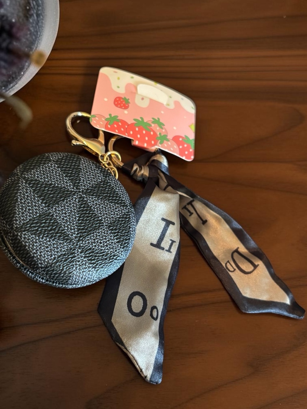 Grey Checkered Compact Travel Mirror Keychain with Scarf Accent